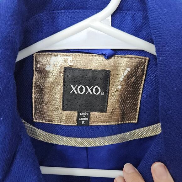 VTG Y2K XOXO Royal Blue Pea Coat Flare Waist Gold Buttons Gold Zippers Sz Small - Picture 9 of 10